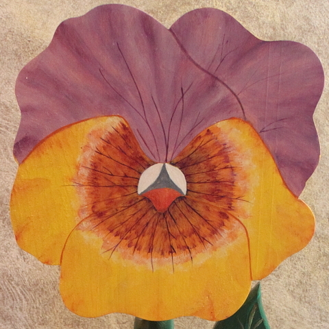 Yellow and Purple Pansy Floral Table. Fauna Flora Artwork. Julia Adamson. Saskatoon, Saskatchewan