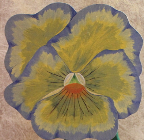 Blue and Yellow Floral Pansy Flip Top Table. Fauna Flora Artwork. Julia Adamson, Saskatoon, Saskatchewan