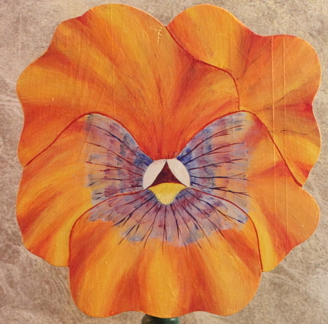 Orange and Yellow Pansy Flip Top Floral Table. FaunaFloraArtwork. Julia Adamson. Saskatoon, Saskatchewan.